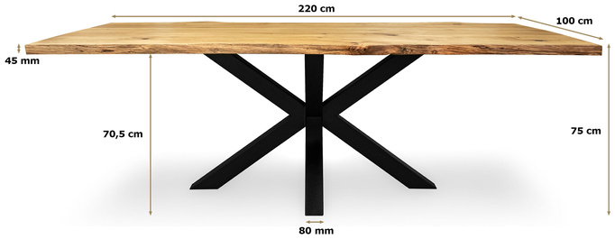 Stół dębowy 100x220 cm RAW z blatem naturalnym asymetrycznym 