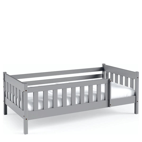 Szare łóżko z barierką do pokoju dziecięcego z drewna sosnowego 80x190 cm NEBULA