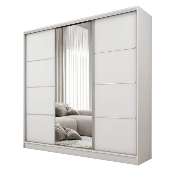 Biała szafa przesuwna z lustrem do sypialni 235 cm BEST półki szuflady